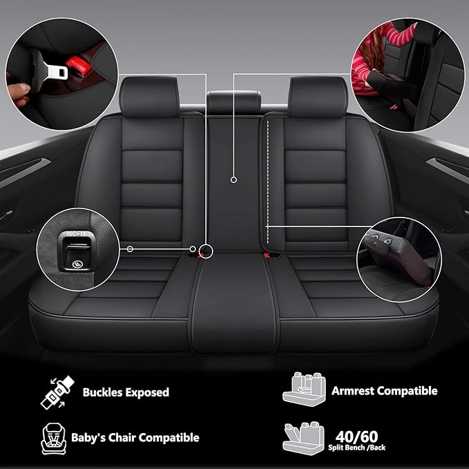 NS YOLO Leather Car Seat Covers Full Set,Universal Fit for Most Cars,SUVs and Sedans,Waterproof Luxury Leatherette Cushions, 5 Car Seat Protectors (Black, Full Set-5 Seats(Front and Rear))