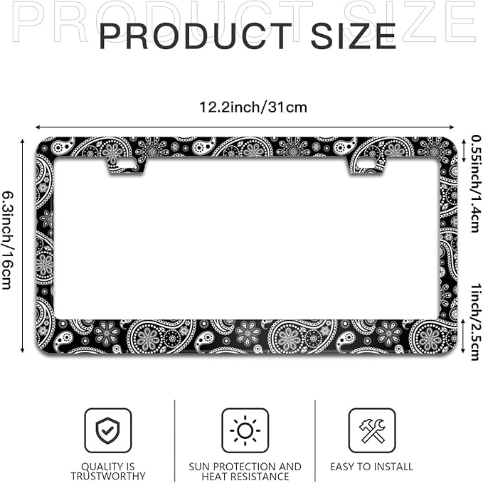 Boho Paisley Pattern License Plate Frame Floral License Plate Frames Aluminum Car Accessories Cover with 2 Holes and Screws 12 x 6 Inch for Front Rear Car Plate Decor for Women Men