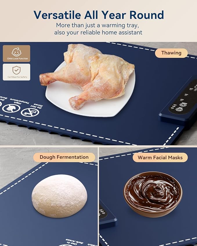 Negative ion Food Warming Mat with Adjustable Temperature,Foldable Electric Warming Tray for Parties Features 3 Modes & Fast Heating,Roll Up Food Warmer for Parties,Shabbat,Christmas (Navy Blue)