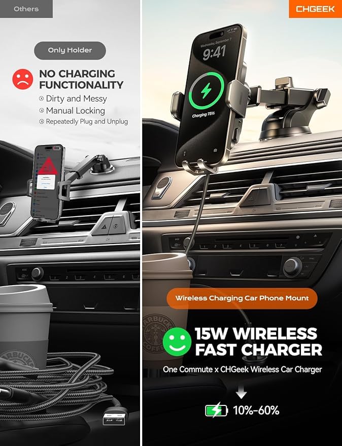 CHGeek Wireless Car Charger Phone Holder Mount, 15W Fast Charging Auto Clamping Phone Holders for Your Car Dashboard Windshield Air Vent Car Accessories for iPhone, Samsung Galaxy, Google Pixel etc