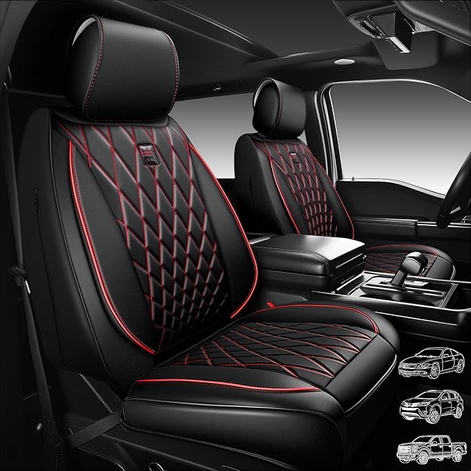 CAR PASS Nappa Leather Car Seat Covers Full Set, Luxury Seat Protector for Cars, Waterproof Anti-Slip Seat Cushion Airbag Compatible Fit for Most Cars Vehicles SUV Trucks, Airbag Compatible, Black Red