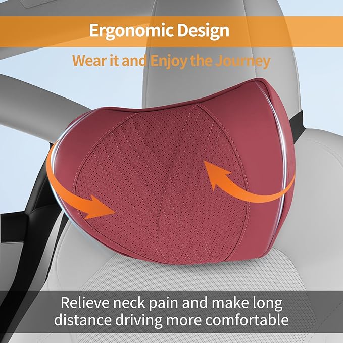 Car Neck Pillow Memory Foam Premium Leather Headrest Neck Support Cushion Universal for Driving Home Office, Red,2PC