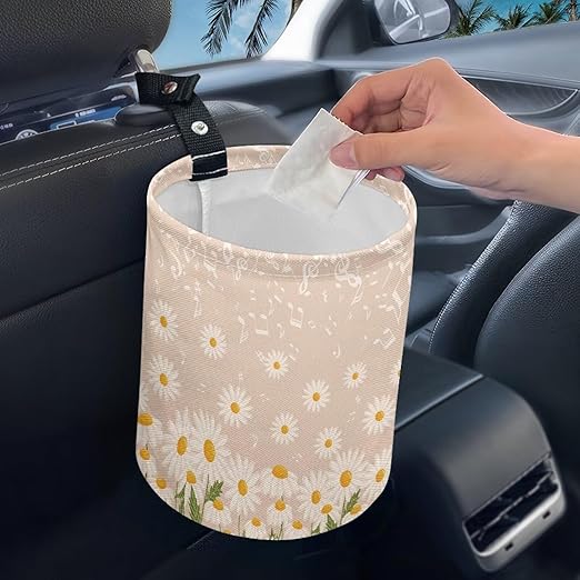 Cute Flower Daisy Car Trash Can Car Bag Accessories Interior Cute Garbage Bin Hanging Portable Dustbin Bin Waste Basket Collapsible Small Trash Can Easy to Clean
