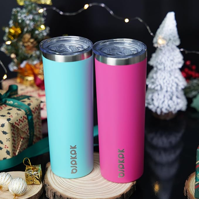 BJPKPK 24 Pack 20oz Skinny Tumblers with Lid Insulated Travel Coffee Cup Stainless Steel Thermal Mug,Turquoise,Pink