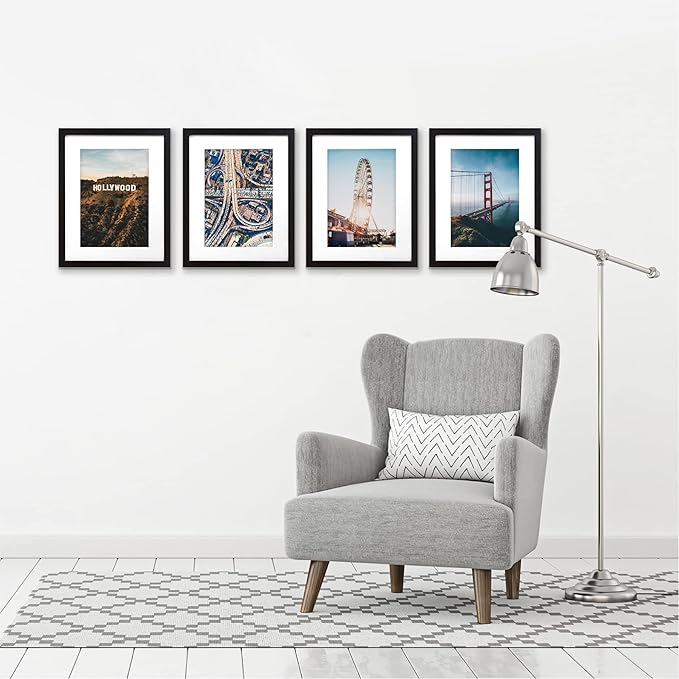 Americanflat 9x12 Picture Frame with Shatter-Resistant Glass - Set of 4 - Use as 6x8 Frame with Mat or Display 9x12 Photo Without Mat - Signature Collection - Photo Frames for Tabletop or Wall - Black