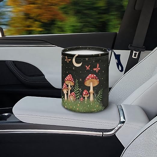 Cute Mushroom Moon Auto Garbage Bag Trash Can Leak Proof Waste Basket Container Bag Bin Hanging Cup Holder Organizer with Strap Mini Car Interior Accessories for Auto, Camping, Travelling