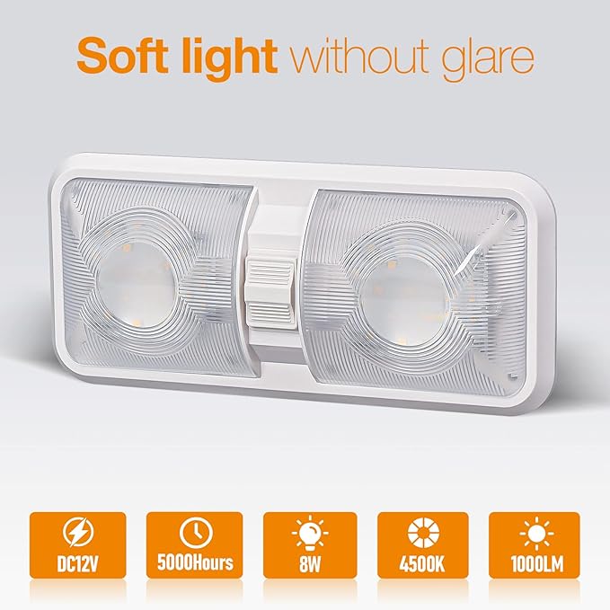 RV Lights Interior, 12 Volt Led Lights 1000LM, Camper Lights 8W, RV Led Lights Interior Fixtures 12V, RV Ceiling Dome Light with Switch for RV/Camper/Trailer/Boat/Car (Natural White, 2Pack).