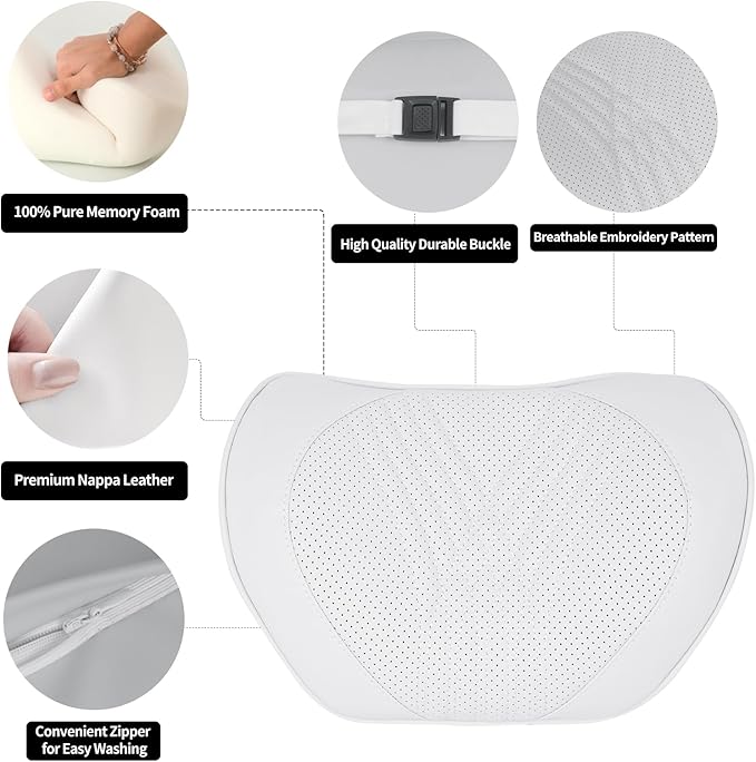 Car Neck Pillow Memory Foam Premium Leather Headrest Neck Support Cushion Universal for Driving Home Office, White,1PC