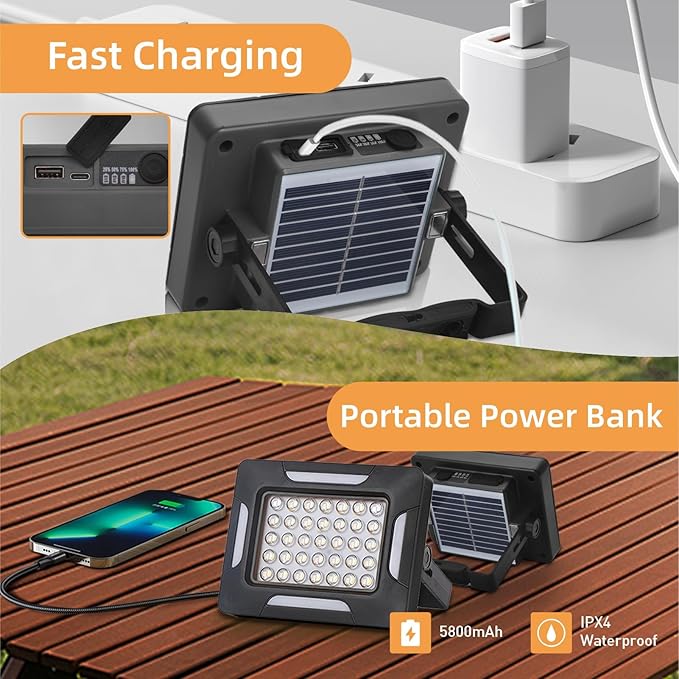 LED Solar Portable Camping Lights with Magnetic dimmable, 2000LM Solar Rechargable Camping Lanten with Stand, IP67 Wateproof, 5 Light Modes Portble Flood Light,Work Lights for Indoor Outdoor