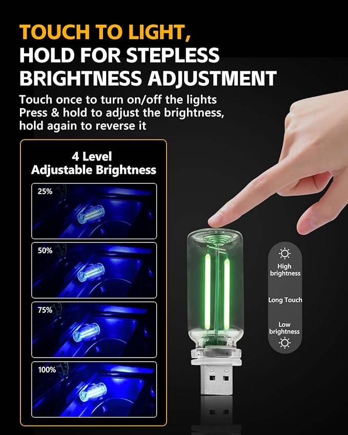 2PCS USB Car Lights, Touch Adjustment Lights, Plug in USB Vehicle Interior Ambient Light, Mini LED Retro Bulb Clear Glass Night Light for Car, Camping, Holiday Decoration, Party, Bedroom (Green)