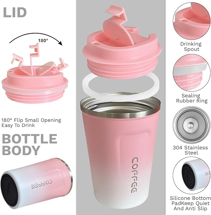 YINBAOGE Insulated Travel Coffee Mug, Spill & Leak Proof, Portable To Go Camping Stainless Steel Coffee Tumbler, Reusable Thermal Coffee Cup with Lid for Hot & Cold Drinks (2nd-Pink White, 17 OZ)
