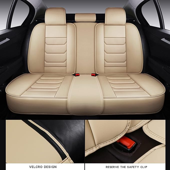 Full Coverage Faux Leather Car Seat Covers Full Set,Automotive Seat Covers for Cars,SUVs Pick-up Truck, Car Seat Cushion, Beige Seat Covers for 5 Seats,Car Seat Protector