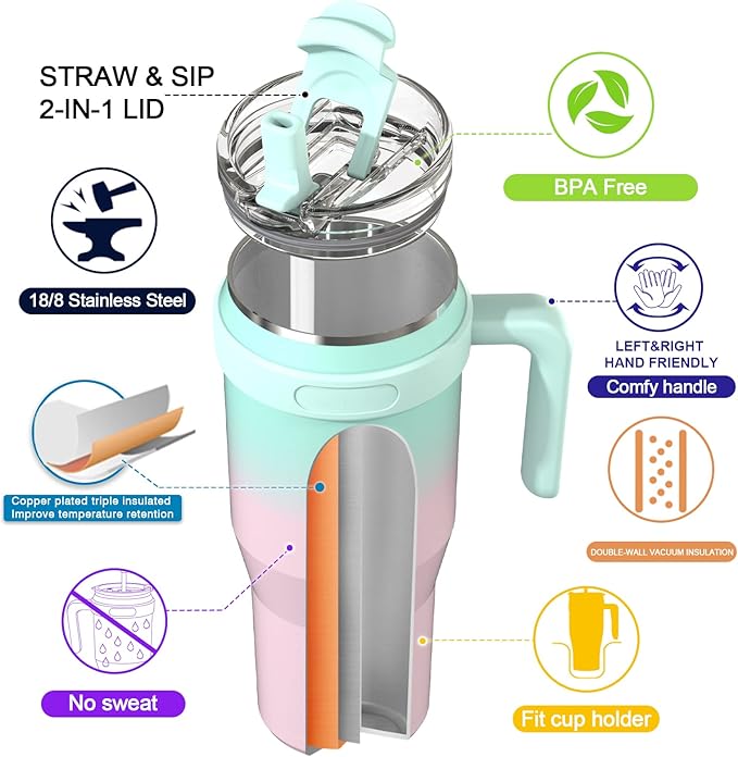 Zukro 50 oz Tumbler With Handle And Straw, Leak-proof Closable Flip Straw Lid, Insulated Stainless Steel Water Bottle for Hot & Cold Drinks, Large Travel Mug Fit in Cup Holder, Dishwasher Safe