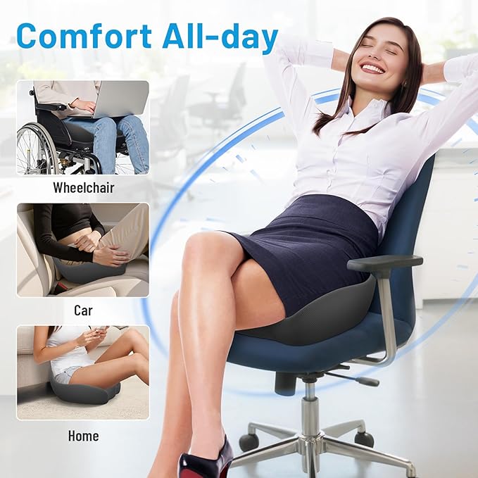 Seat Cushion, Memory Foam Office Chair Cushions, Ergonomic Curved Design for Sciatica, Tailbone, Coccyx, Seat Support for Car, Desk Chair, Wheelchair, Enhances Long Sitting Comfort (Grey)