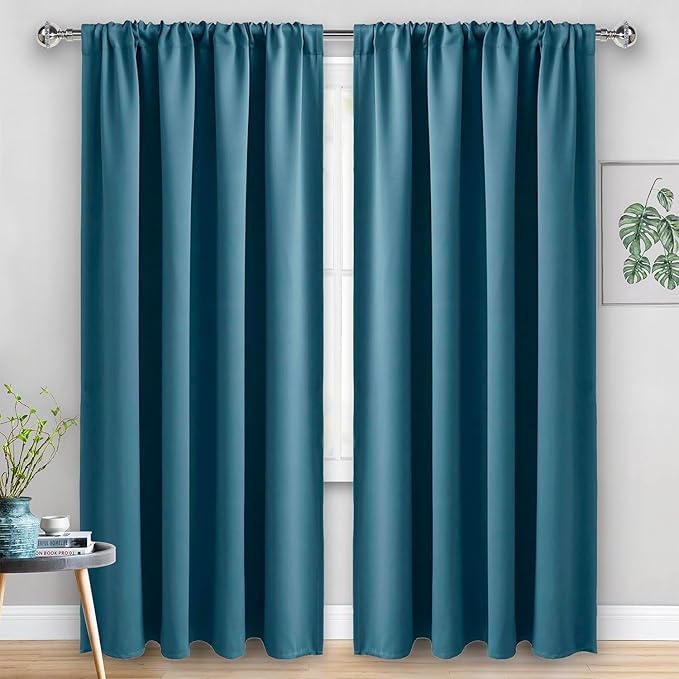 JIUZHEN Blackout Curtains for Bedroom - Thermal Insulated Room Darkening Noise Reducing, 60 x 84 Inch Length Curtains for Living Room, Set of 2 Panels with Tiebacks, Stone Blue