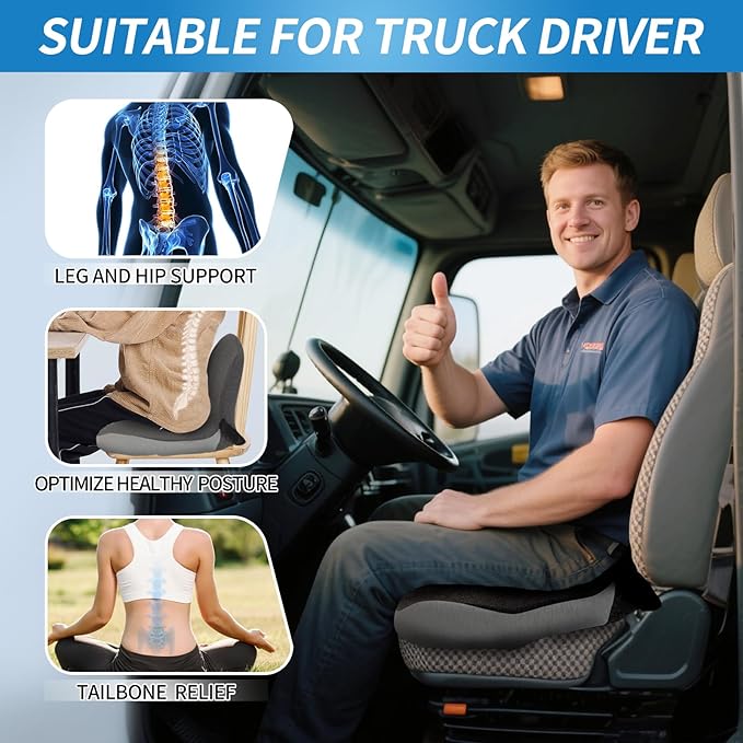 Truck seat Cushion,Memory Foam Seat Cushion for Truck Drivers with Adjustable Strap Ergonomic Car Seat Cushions for Driving, Lumbar Support & Sciatica Relief for Driving Long