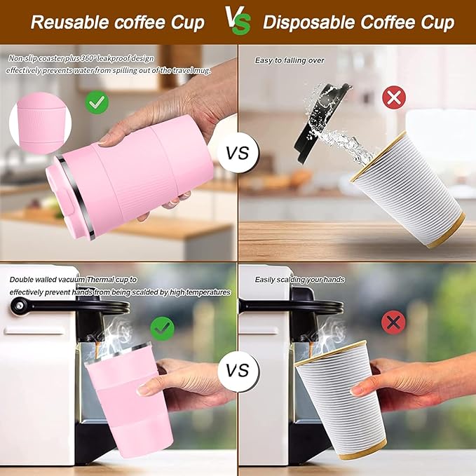 YINBAOGE Insulated Travel Coffee Mug, Spill & Leak Proof, Portable To Go Camping Stainless Steel Coffee Tumbler, Reusable Thermal Coffee Cup with Lid for Hot & Cold Drinks (Pink, 17 OZ)