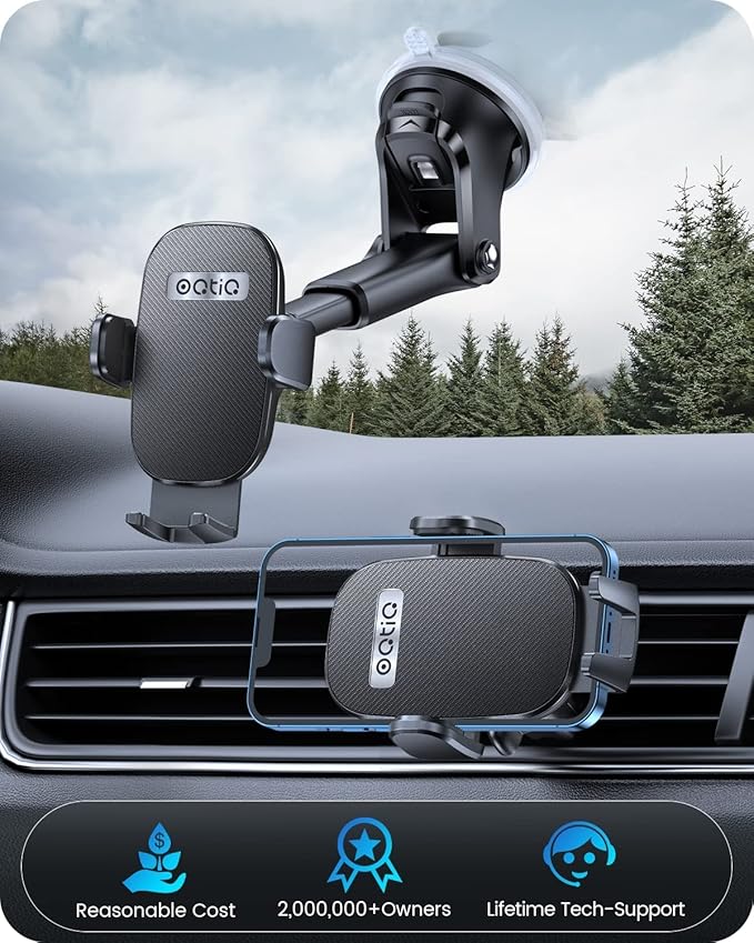 OQTIQ 3-in-1 Car Phone Mount – Dashboard, Windshield & Air Vent Holder with Strong Suction Cup, Adjustable Arm, 360° Rotation – Compatible with iPhone & Android Phones
