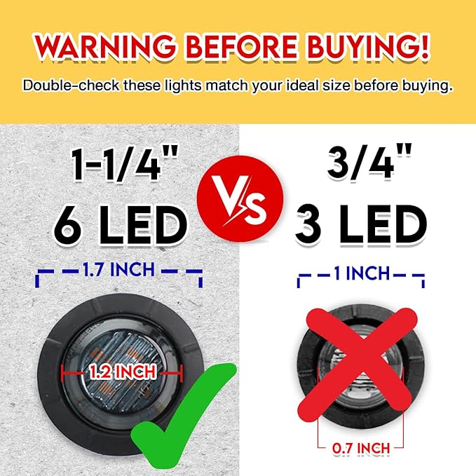 10 Pcs of 1-1/4 Inch with 6 LED Mount Smoked Lens Amber Clearance Side Marker Lights Bullet Marker Trailer Lights Universal 12V DC Vehicles RV Truck Pickup Van Boat Mack