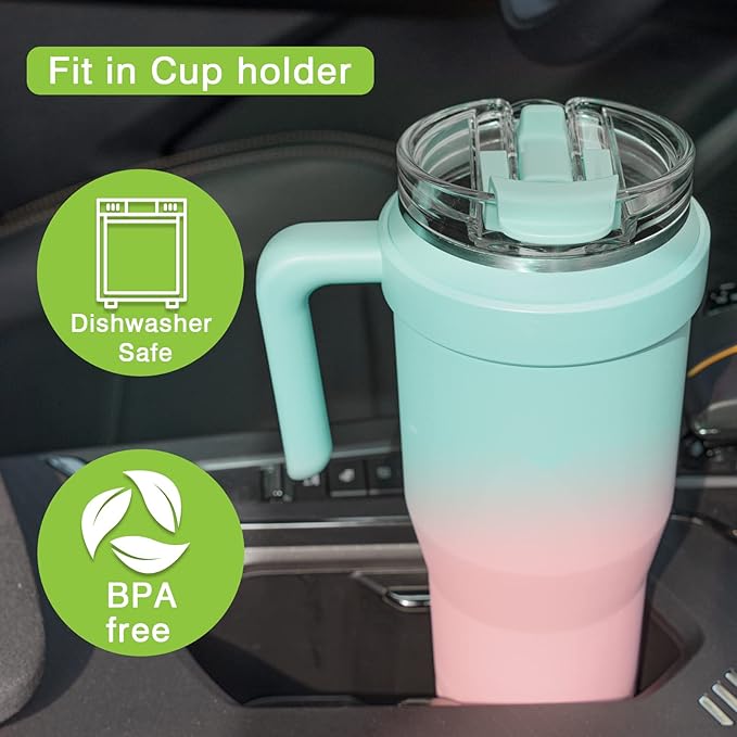 Zukro 50 oz Tumbler With Handle And Straw, Leak-proof Closable Flip Straw Lid, Insulated Stainless Steel Water Bottle for Hot & Cold Drinks, Large Travel Mug Fit in Cup Holder, Dishwasher Safe