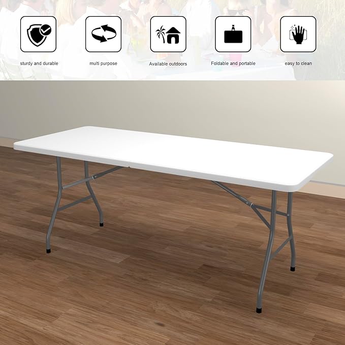 2 PCS 70.8" W X 29" D X 29" H - 6 ft White Folding Table White Portable Heavy Duty Plastic Fold-in-Half Utility Foldable Table for Camp,Picnic & Party