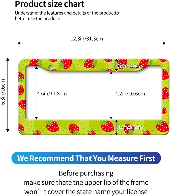 MIOAOSRT Cut Red Strawberries License Plate Frame Abstract Fruit License Plate Cover Car Tag Holder Metal License Plate Frame Fits Standard U.S.Vehicles 12x6 Inch