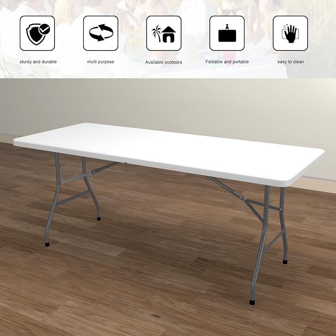 70.8" W X 29" D X 29" H - 6 ft Folding Table White Portable Heavy Duty Plastic Fold-in-Half Utility Foldable Table for Camp,Picnic & Party