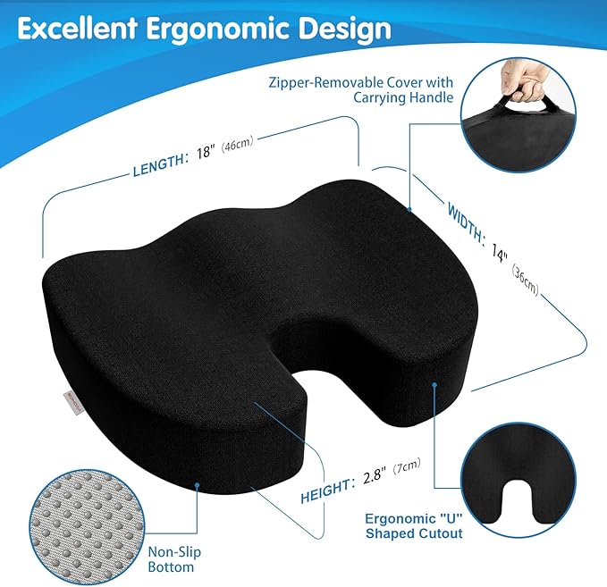 Bomdaia Seat Cushion Pillow for Office Chair, Car Seat Cushion Pad for Desk Chair, Non-Slip Memory Foam Coccyx Seat Cushion for Back, Sciatica & Tailbone Pain Relief (Black)