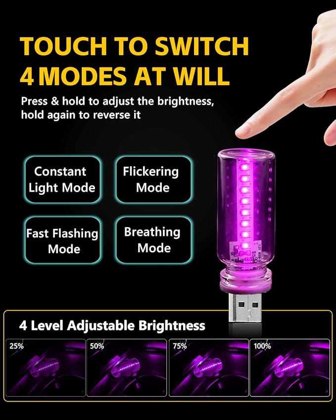 2PCS USB Lights for Car, Retro LED Car Interior Lamp Ambient Lighting, Universal USB Plug Lights for Cars, bedrooms, Camping, Parties, Clear Glass Bottle Decorative Night Light, Purple Light
