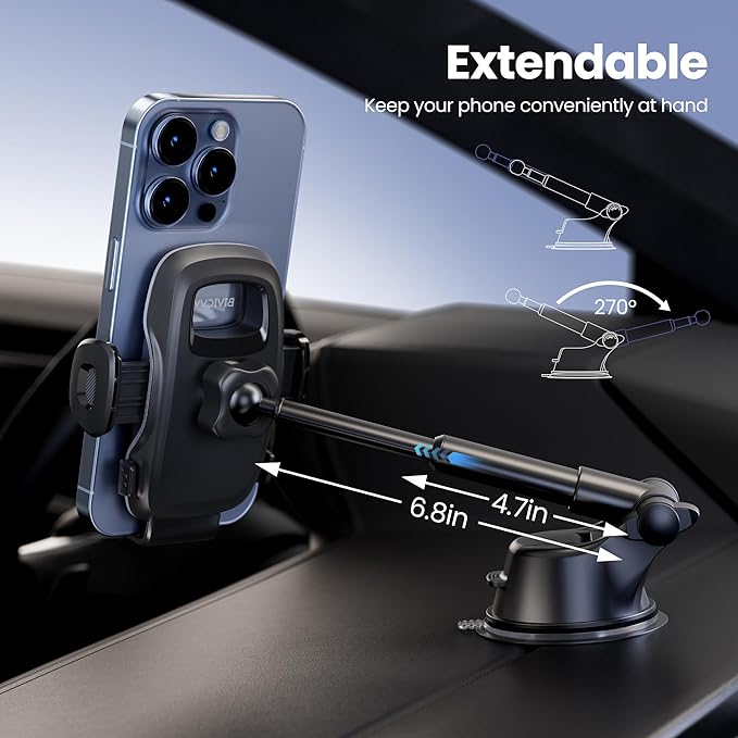 Car Phone Holder, Phone Holders for Your Car Dashboard Windshield, 360° Adjustable (4.8-7") Telescopic Arm, Suction Cup Cell Phone Holder for Truck Cradles Universal Car Mount for All Smartphones