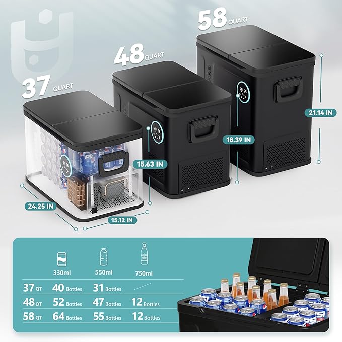 EUHOMY 12 Volt Refrigerator, 58QT Dual Zone Electric Cooler APP Control, Car Refrigerator with 12/24V DC 110-240V AC, Car Fridge -4℉~68℉, Portable Freezer Aluminum Interior for Camping,Trip,Home,Truck
