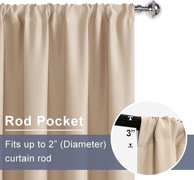 JIUZHEN Blackout Curtains for Bedroom - Thermal Insulated Room Darkening Noise Reducing, 52 x 45 Inch Length Curtains for Living Room, Set of 2 Panels with Tiebacks, Beige