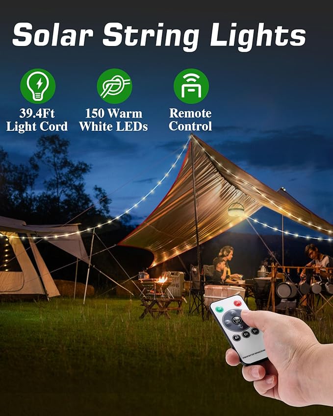 Anpro Solar Camping String Lights 4 in 1, 39.4Ft Ultra Long String with 150LEDs, 3600mAh Solar Powered and USB Rechargeable Light with Remote Control, Portable Camping Light for Hiking, Decorations