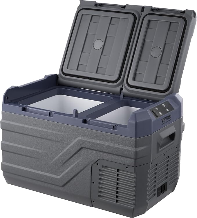 VEVOR NLS35, 12 Volt Car Refrigerator Fridge, 25Liter(26.4qt) Dual Zone Portable Freezer, -4℉-68℉ Adjustable Range, 12/24V DC and 100-240V AC Compressor Cooler for Outdoor, Camping, RV, Grey