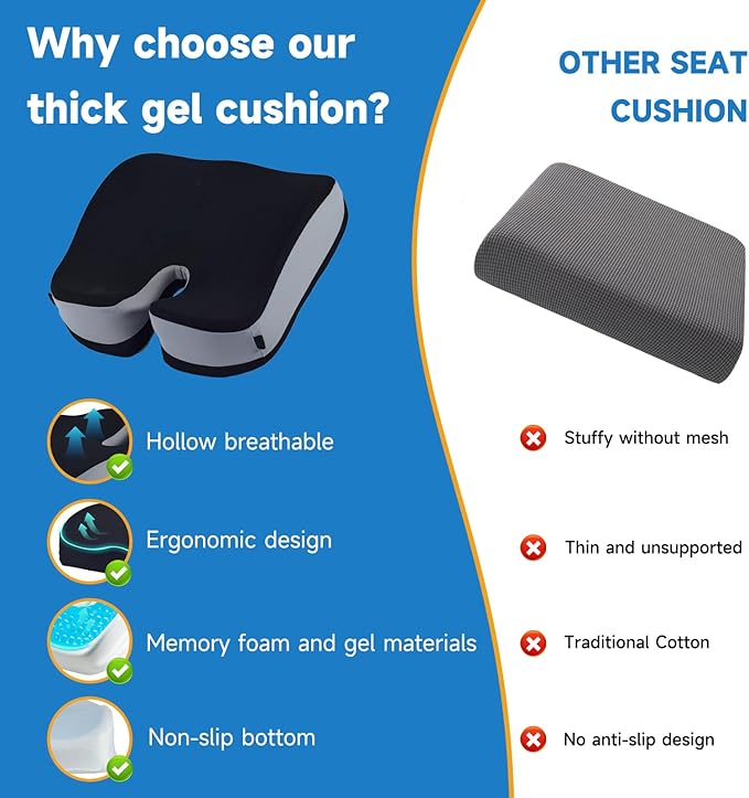 Gel Seat Cushions for Office Chairs Wheelchair Cushion for Long Sitting Back Pain,Memory Foam Seat Car Computer Desk Chair Cushion,Coccyx Cushion for Tailbone Pain Relief Office Chair Butt Pillow