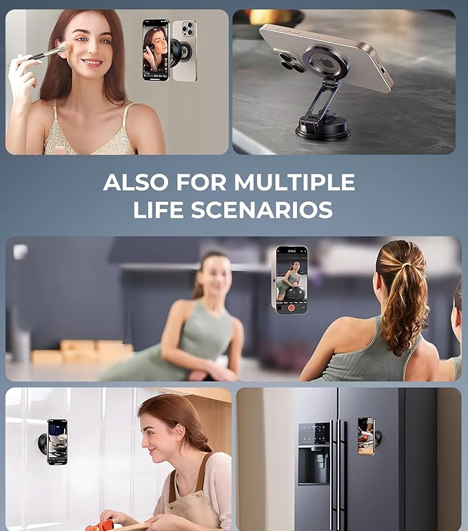 【Vacuum Suction Folding Car Mount】 Magnetic Car Phone Holder for magsafe, Aerospace Alloy Arm, Best Dashboard/Windshield/Screen Holder for Your Car/Tesla/Gym/Mirror/Shower/Smooth Surface/iPhone