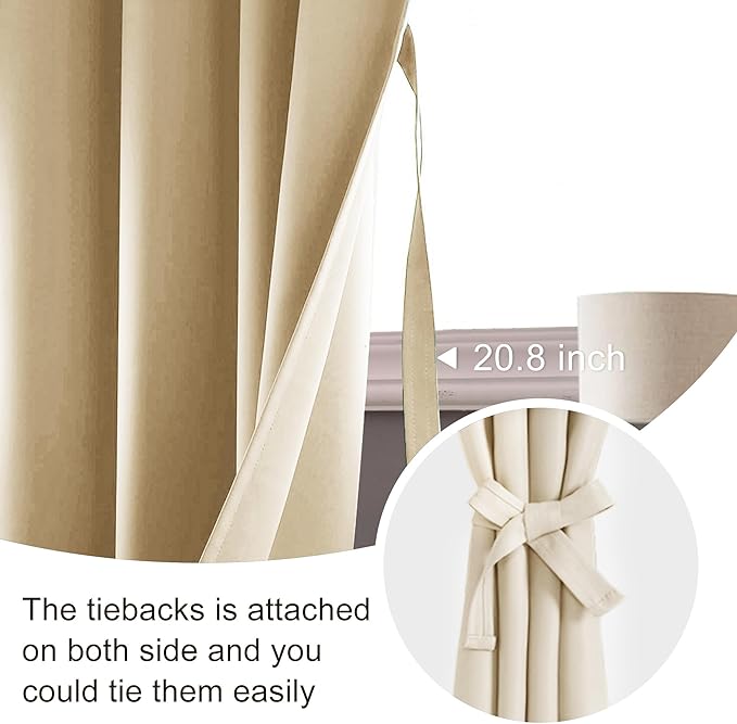 JIUZHEN Blackout Curtains for Bedroom - 60 Inch Extra Wide Thermal Insulated Room Darkening Privacy Soundproof Curtains for Living Room/Dorm Room, Set of 2 Panels, 60 x 63 inches,Light Beige