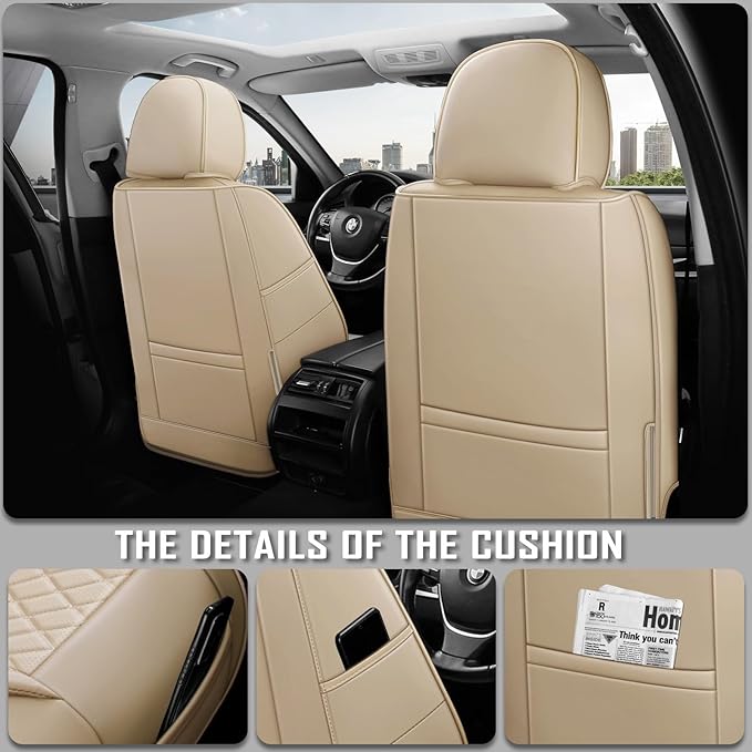 Premium Leather Car Seat Covers, Universal Fit for Cars SUVs Trucks and Sedans, Waterproof Car Seat Cushion with Airbag Compatible & Scratch-Resistant, Beige Seat Covers for 5 Seats