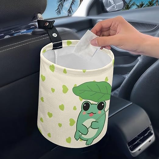 Cute Frog with Green Heart Collapsible Accessories Trash Can Car Trash Bin Car Trash Can Bags Universal Garbage Bin Decoration Car Interior for Car SUV Trucks
