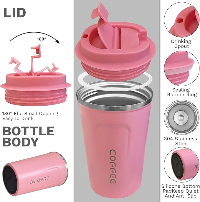 YINBAOGE Insulated Travel Coffee Mug, Spill & Leak Proof, Portable To Go Camping Stainless Steel Coffee Tumbler, Reusable Thermal Coffee Cup with Lid for Hot & Cold Drinks (2nd-Pink, 12 OZ)
