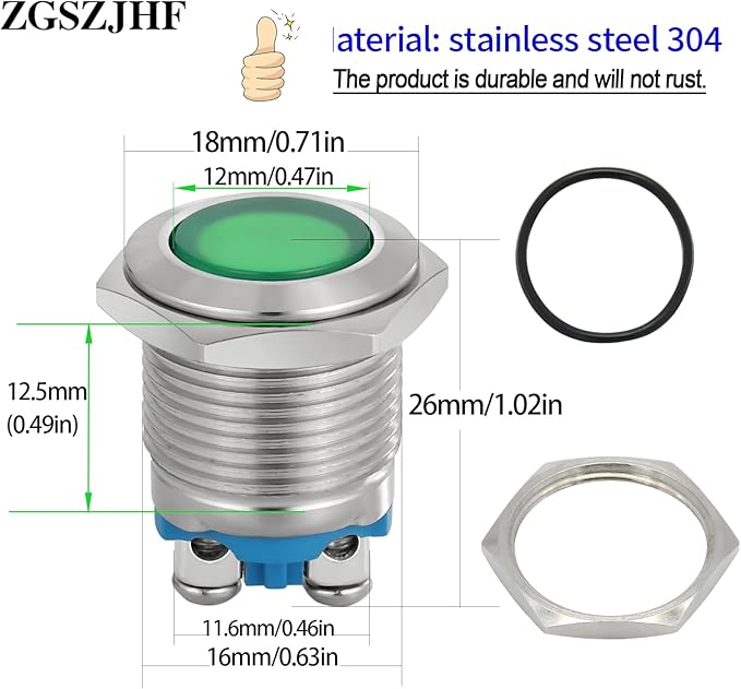 (2 Pcs) Signal Light 16mm 5/8" Indicator Light LED 12V/24V DC/AC Pilot Lamp Waterproof IP67 Metal Stainless Steel 304 Screw Pin