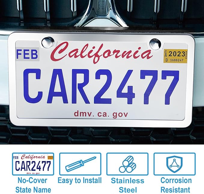 Solid Silver License Plate Frames 2 Pack, 2 Holes Rust-Proof License Plate Holder, Universal Car Stainless Steel License Plate Frame for Women & Man (Screws & Chrome Caps) by Lengnoyp