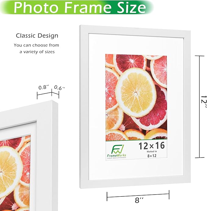FrameWorks 2-Pack, 12x16 Matted to 8x12 Picture Frame, White – Classic Wooden Photo Frame with Tempered Glass, Modern Matte Finish for Prints, Posters, Certificates & Wall Decor – Gallery-Ready