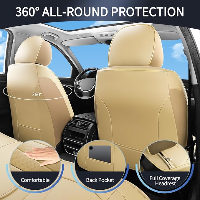 Car Seat Covers,Waterproof Seat Covers Front Pair, Leather Car Seat Covers,Universal Seat Cushion Protector for Most Cars SUV Trucks,Beige