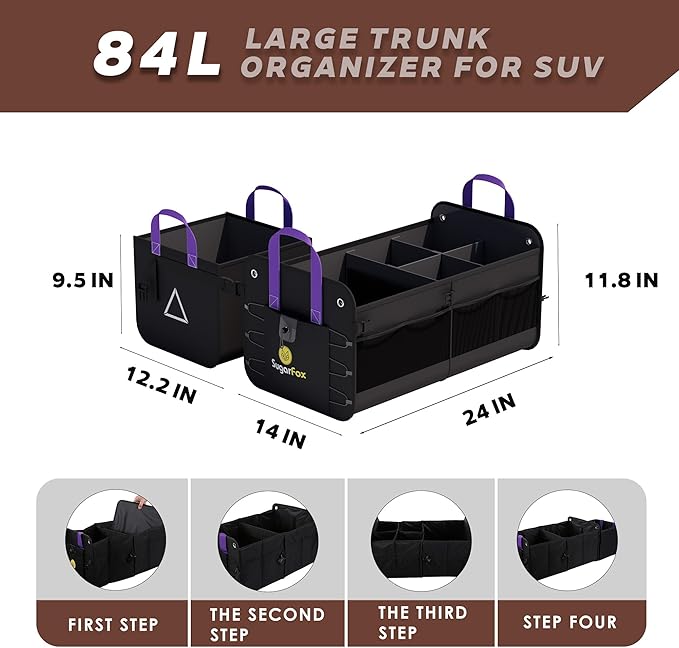 Large Capacity Trunk Organizer for Car & SUV – Waterproof with 8 Mesh Pockets, collapsible & Adjustable compartments, 84L Durable Storage with Non-Slip Base, Black - M313