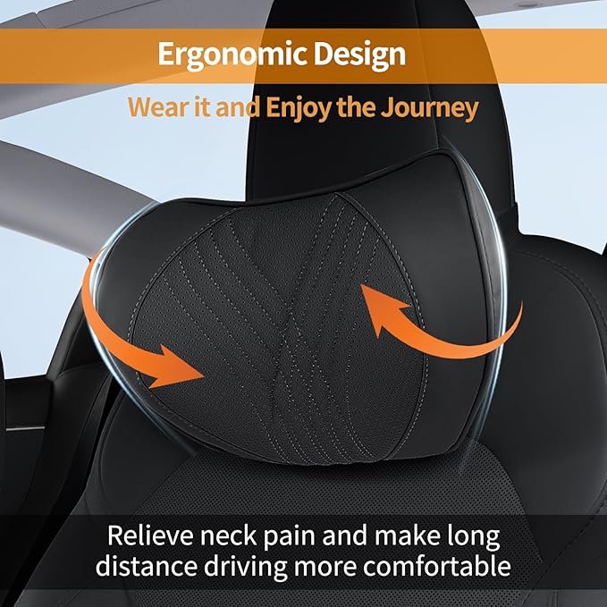 Car Neck Pillow Memory Foam Premium Leather Headrest Neck Support Cushion Universal for Driving Home Office, Black,2PC