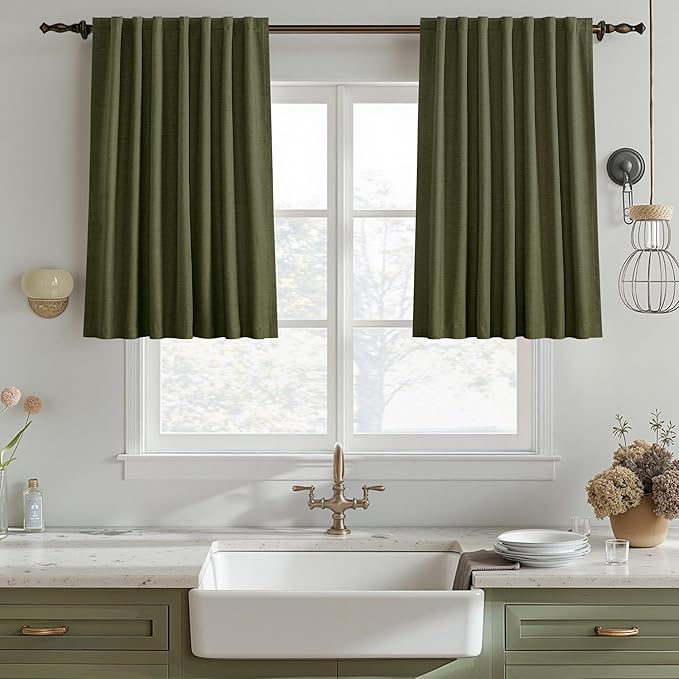 UHITECH Olive Green 36 Inch Curtains for Living Room 2 Panels Short Blackout Curtains Linen Blend for Bedroom Thermal Room Darkening Drapes for Small Windows Black Out