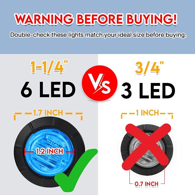 10 Pcs of 1-1/4 Inch Blue Lens & Lights with 6 LEDs Mount Clearance Side Marker Lamp Bullet Marker Trailer Lights Universal 12V DC Vehicles RV Truck Pickup Van Boat Mack
