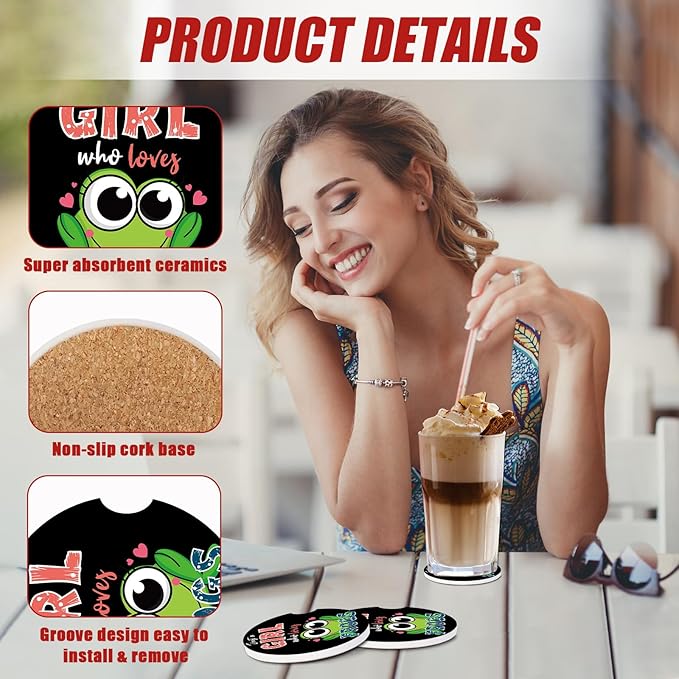 Frog Car Coasters for Cup Holders, Frog Lover Absorbent Ceramic Car Coaster Car Cup Holder Coaster Car Accessories for Women Men (2 Pack)