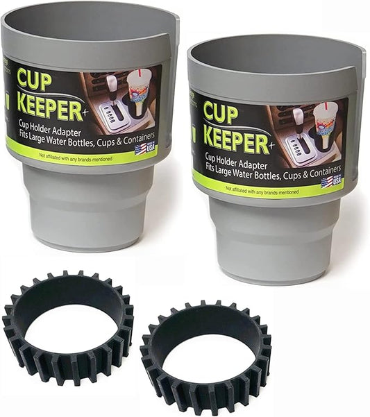 Cup Keeper Plus-2 PK W/Beverage Bands Car Cup Holder Adapter Expands to Hold Larger Beverage Containers up to 3.7" Diameter/Fits 32 oz Flasks & Water Bottles Gray